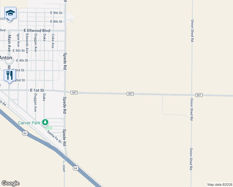 map of restaurants, bars, coffee shops, grocery stores, and more near 6538 East F M 597 in Anton