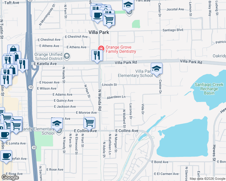 map of restaurants, bars, coffee shops, grocery stores, and more near 10675 Providence Drive in Villa Park