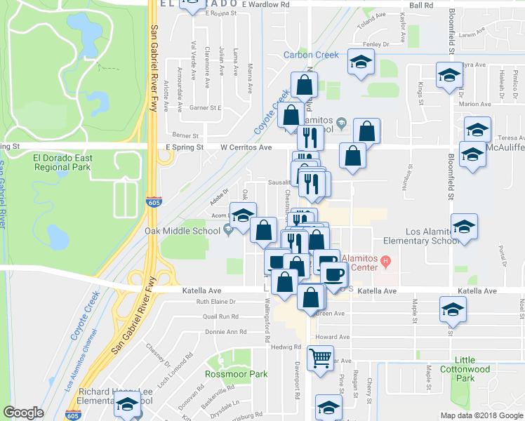 map of restaurants, bars, coffee shops, grocery stores, and more near 10711 Walnut Street in Los Alamitos