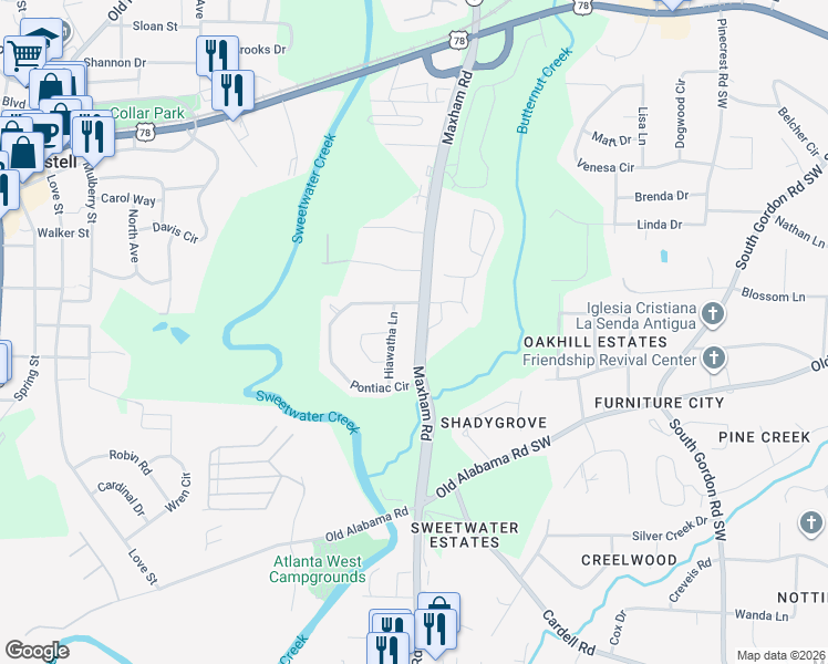map of restaurants, bars, coffee shops, grocery stores, and more near 1017 Maxham Road in Austell