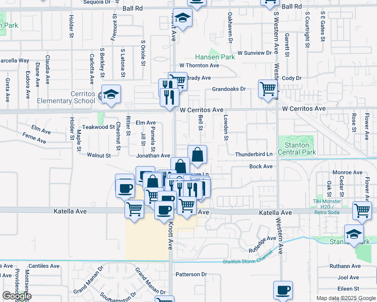 map of restaurants, bars, coffee shops, grocery stores, and more near 10680 Knott Avenue in Stanton