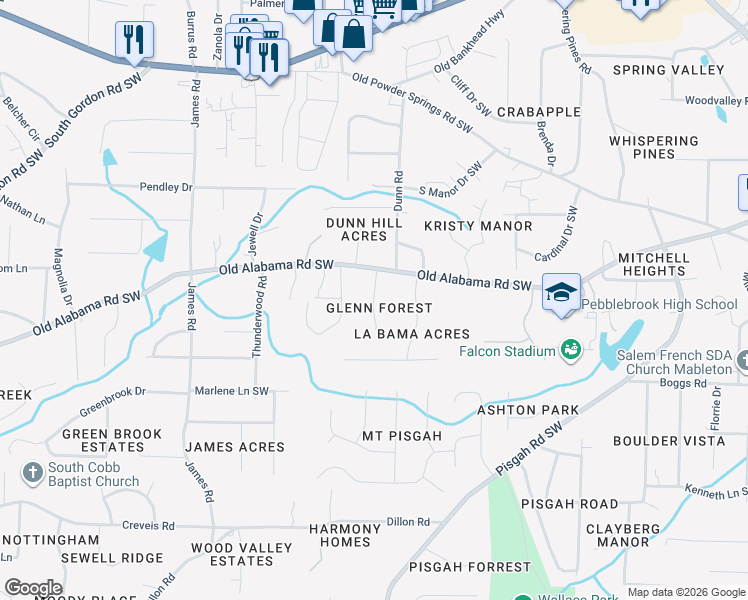 map of restaurants, bars, coffee shops, grocery stores, and more near 6151 S Glenn Forest SW in Mableton