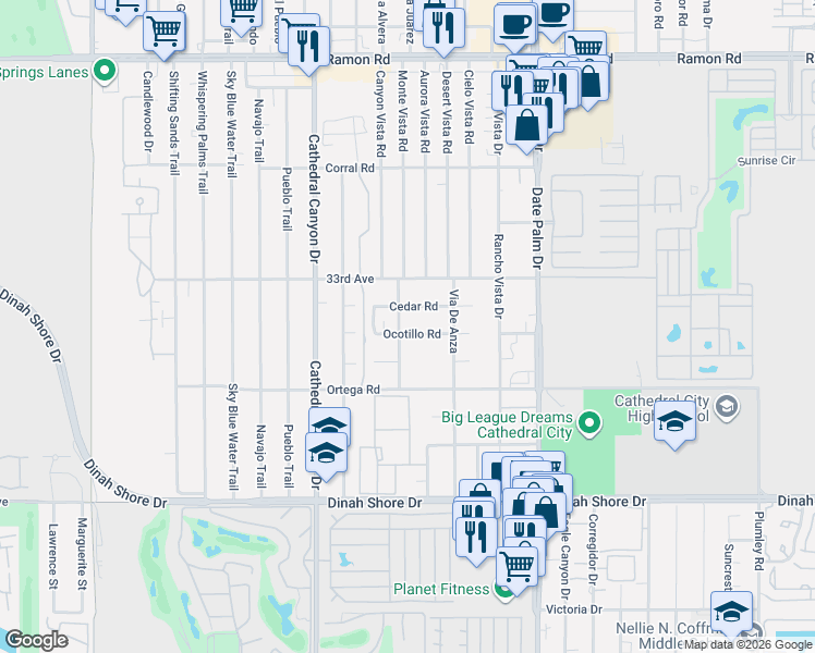 map of restaurants, bars, coffee shops, grocery stores, and more near 68720 Ocotillo Road in Cathedral City