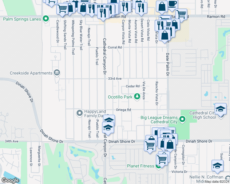 map of restaurants, bars, coffee shops, grocery stores, and more near 33255 Wishing Well Trail in Cathedral City
