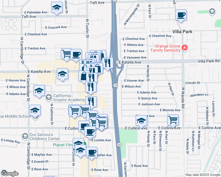 map of restaurants, bars, coffee shops, grocery stores, and more near 1944 East Wilson Avenue in Orange