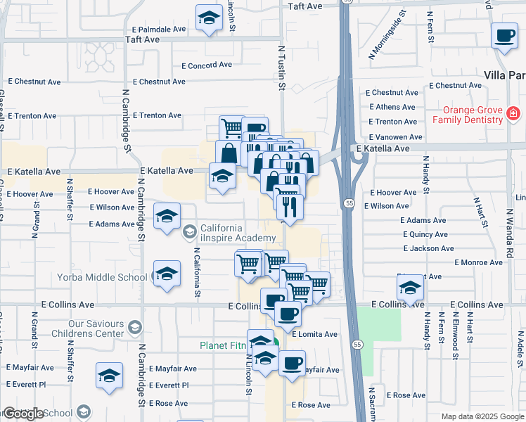 map of restaurants, bars, coffee shops, grocery stores, and more near 1151 North Shattuck Street in Orange