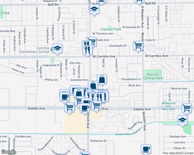 map of restaurants, bars, coffee shops, grocery stores, and more near 10690 Knott Avenue in Stanton
