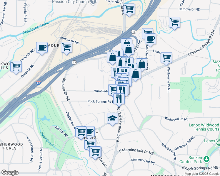 map of restaurants, bars, coffee shops, grocery stores, and more near 564 Wimbledon Road Northeast in Atlanta