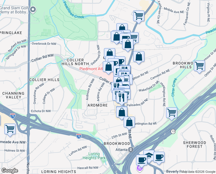 map of restaurants, bars, coffee shops, grocery stores, and more near 20 Collier Road Northwest in Atlanta