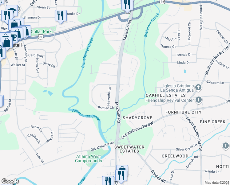 map of restaurants, bars, coffee shops, grocery stores, and more near 1017 Maxham Road in Austell