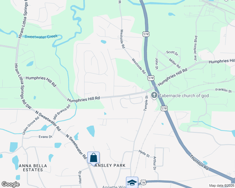 map of restaurants, bars, coffee shops, grocery stores, and more near 6226 Humphries Hill Road in Austell