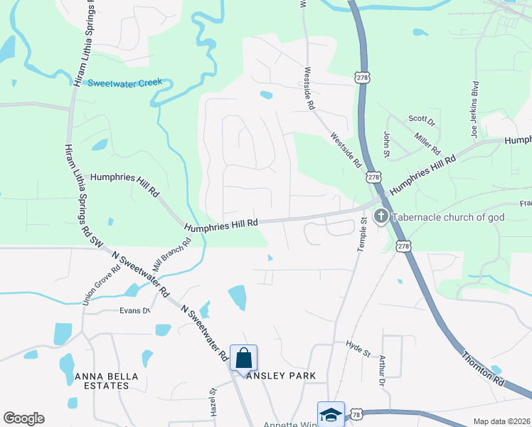 map of restaurants, bars, coffee shops, grocery stores, and more near 3658 Humphries Hill Road in Austell