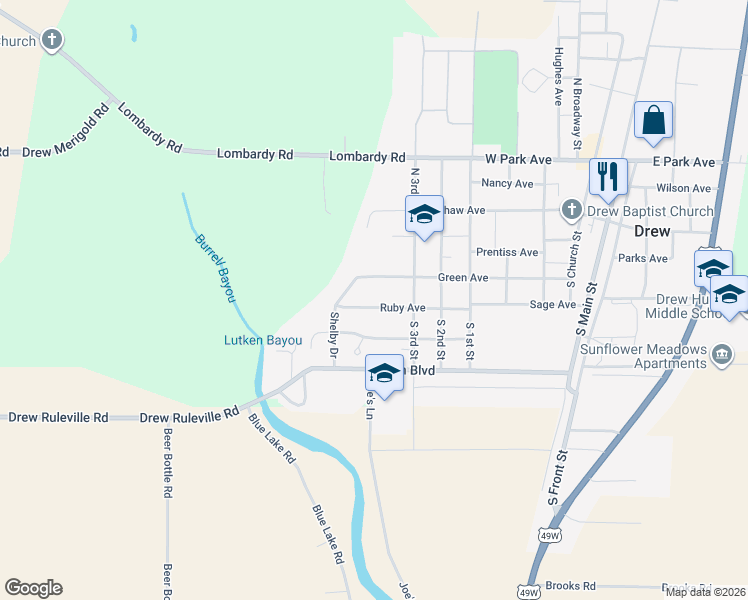 map of restaurants, bars, coffee shops, grocery stores, and more near 368-498 Ruby Ave in Drew