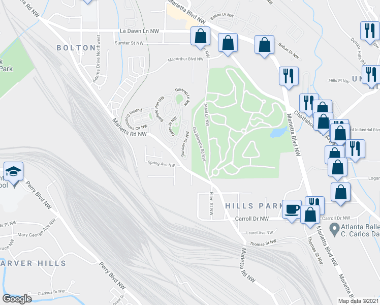 map of restaurants, bars, coffee shops, grocery stores, and more near 1629 Duncan Drive Northwest in Atlanta