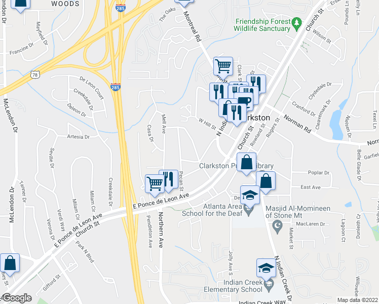 map of restaurants, bars, coffee shops, grocery stores, and more near 1086 Jolly Ave in Clarkston