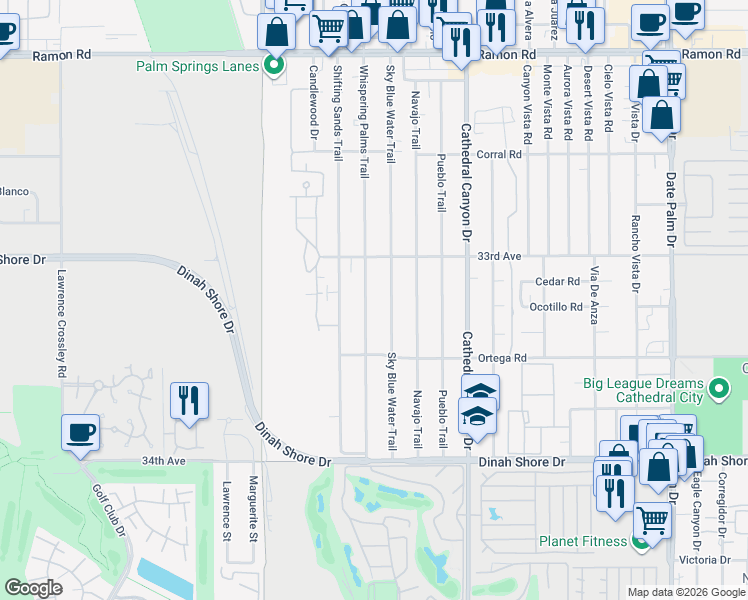 map of restaurants, bars, coffee shops, grocery stores, and more near 33212 Whispering Palms Trail in Cathedral City