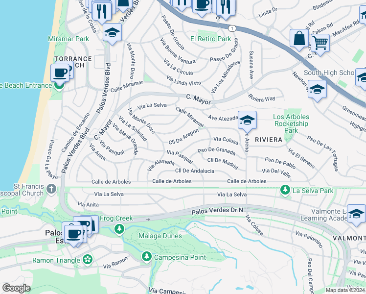 map of restaurants, bars, coffee shops, grocery stores, and more near 109 Vía Colusa in Redondo Beach