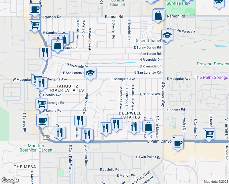 map of restaurants, bars, coffee shops, grocery stores, and more near 1316 Primavera Drive North in Palm Springs