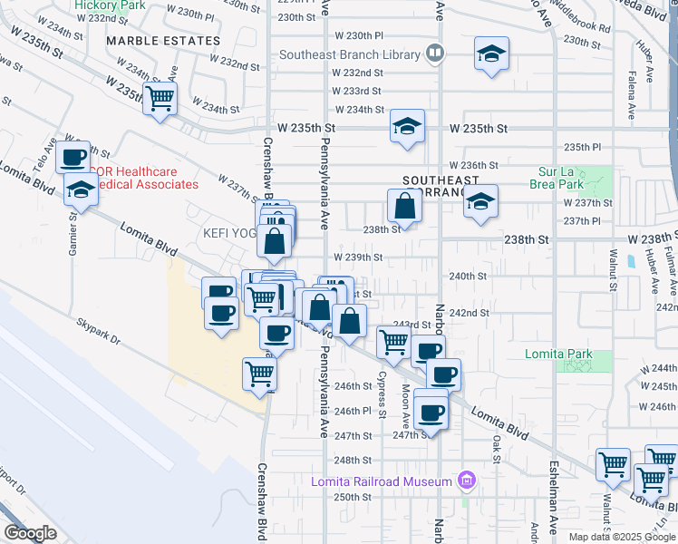 map of restaurants, bars, coffee shops, grocery stores, and more near 2360 West 239th Street in Torrance
