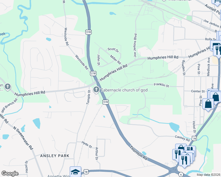 map of restaurants, bars, coffee shops, grocery stores, and more near 6055 Causey Chapel Road Southwest in Austell