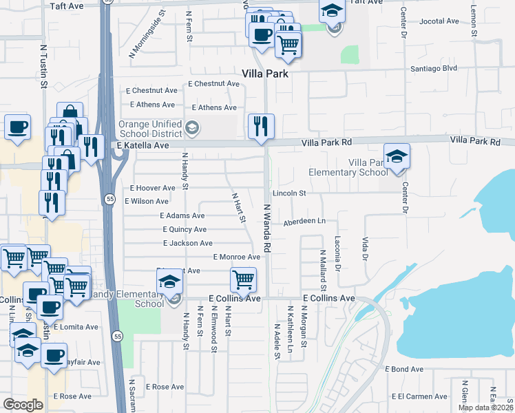 map of restaurants, bars, coffee shops, grocery stores, and more near 1165 North Harding Street in Orange