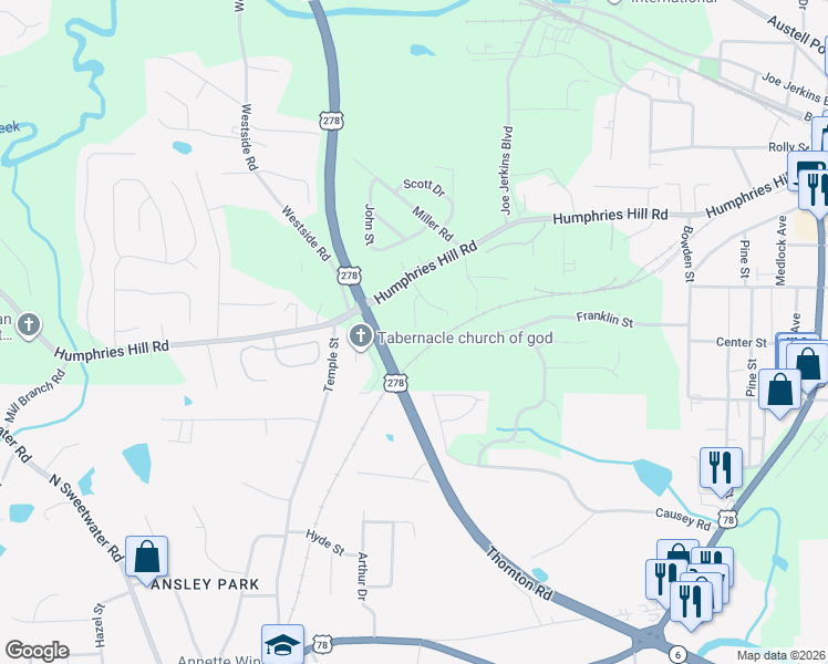 map of restaurants, bars, coffee shops, grocery stores, and more near 6055 Causey Chapel Road Southwest in Austell