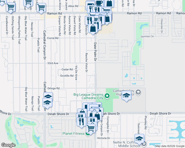 map of restaurants, bars, coffee shops, grocery stores, and more near 68950 Via Eytel in Cathedral City