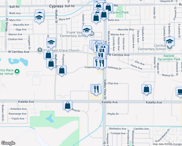 map of restaurants, bars, coffee shops, grocery stores, and more near in Cypress