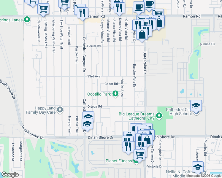 map of restaurants, bars, coffee shops, grocery stores, and more near 68720 Ocotillo Road in Cathedral City