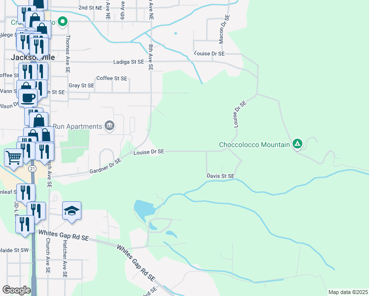 map of restaurants, bars, coffee shops, grocery stores, and more near 1709 Louise Drive Southeast in Jacksonville