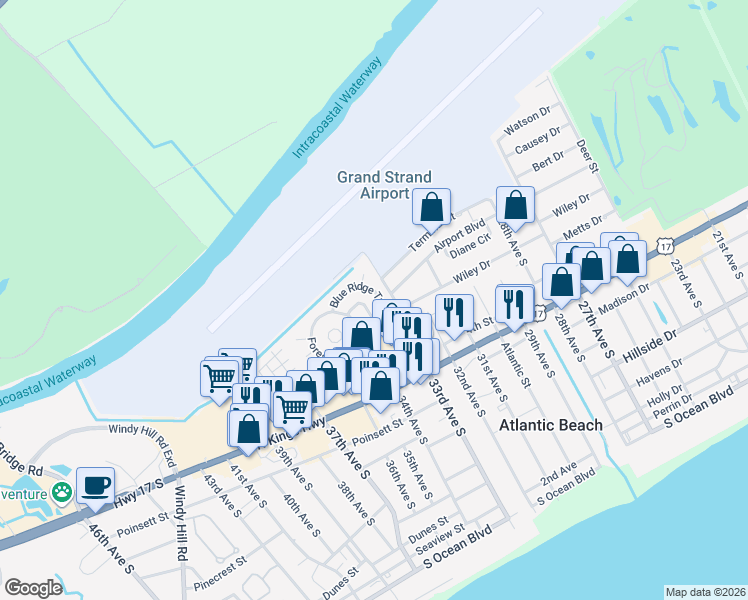 map of restaurants, bars, coffee shops, grocery stores, and more near 1111 Wildwood Tr in North Myrtle Beach