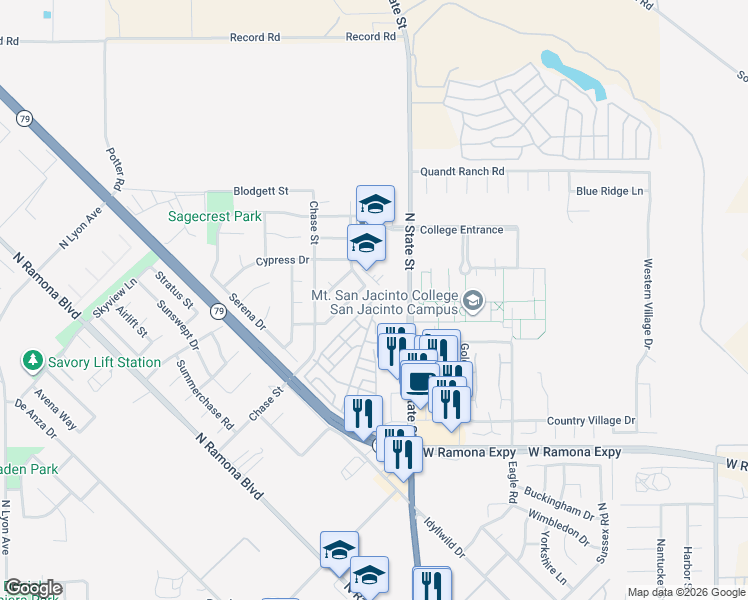 map of restaurants, bars, coffee shops, grocery stores, and more near 1429 Western Drive in San Jacinto