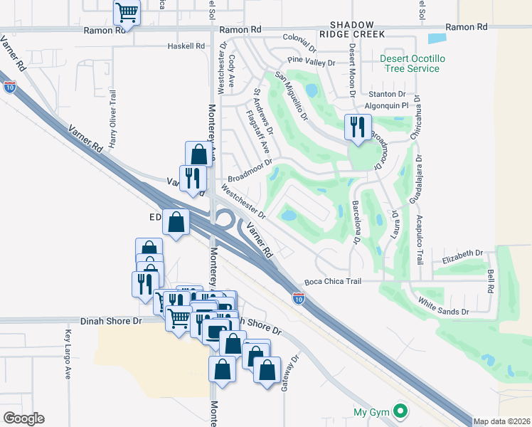 map of restaurants, bars, coffee shops, grocery stores, and more near 33380 Westchester Drive in Thousand Palms