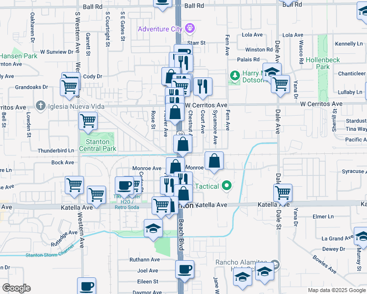 map of restaurants, bars, coffee shops, grocery stores, and more near 10690 Beach Boulevard in Stanton