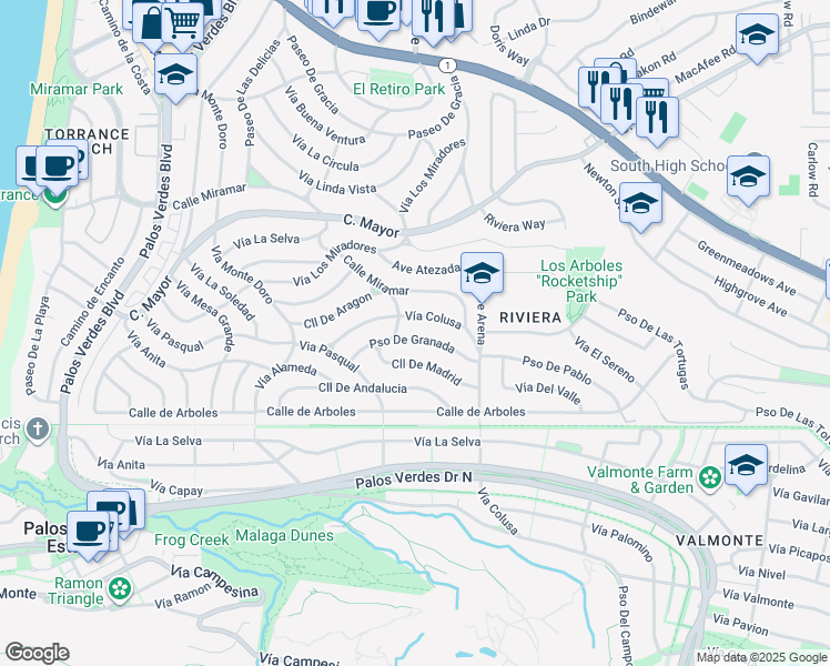 map of restaurants, bars, coffee shops, grocery stores, and more near 215 Paseo De Granada in Redondo Beach