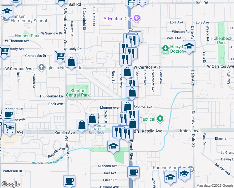 map of restaurants, bars, coffee shops, grocery stores, and more near 7202 Moore Lane in Stanton