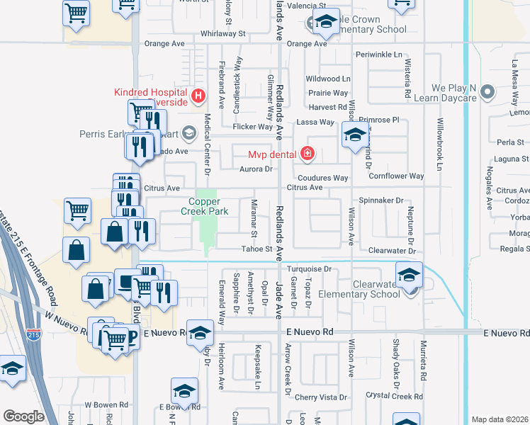 map of restaurants, bars, coffee shops, grocery stores, and more near 1916 Miramar Street in Perris