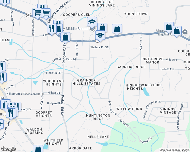 map of restaurants, bars, coffee shops, grocery stores, and more near 6019 Brookdale Lane Southwest in Mableton