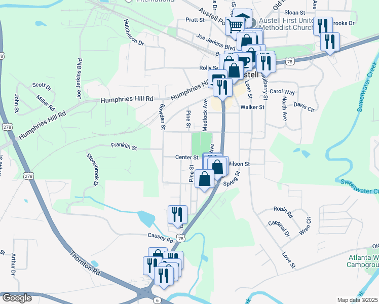 map of restaurants, bars, coffee shops, grocery stores, and more near 6058 Pine Street in Austell