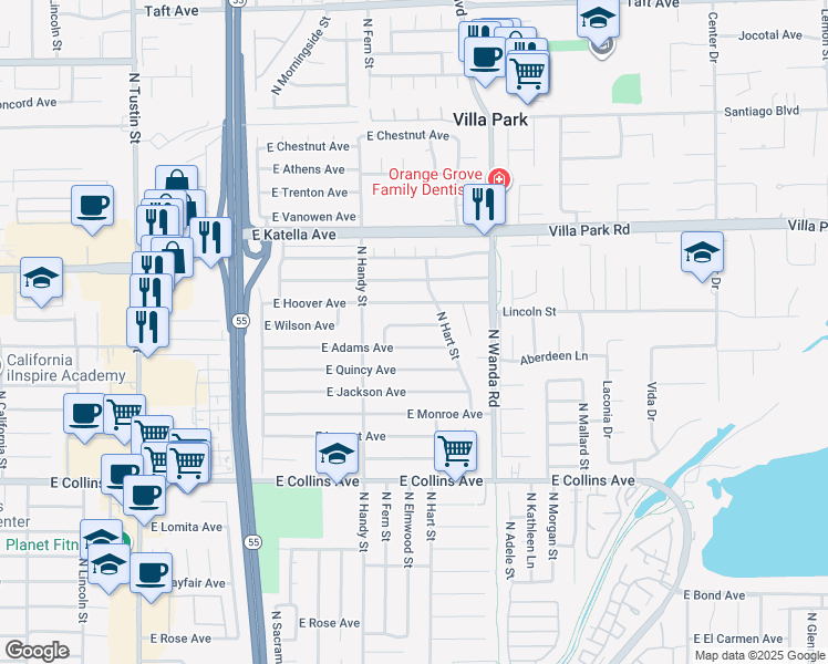 map of restaurants, bars, coffee shops, grocery stores, and more near 2642 East Wilson Avenue in Orange