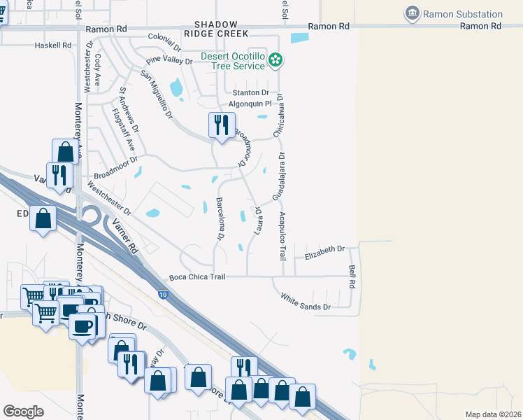 map of restaurants, bars, coffee shops, grocery stores, and more near 33250 Laura Drive in Thousand Palms