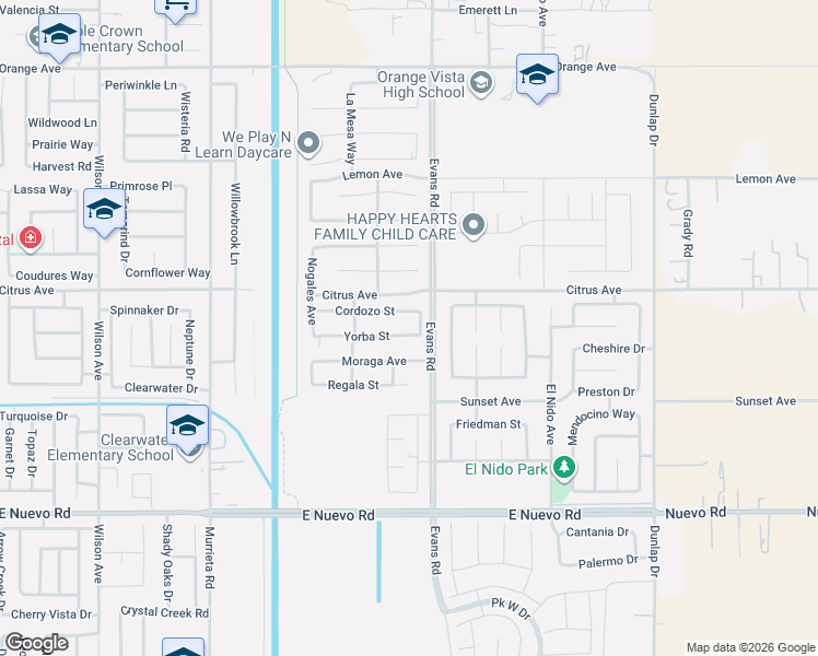 map of restaurants, bars, coffee shops, grocery stores, and more near 1180 Yorba Street in Perris