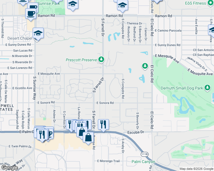 map of restaurants, bars, coffee shops, grocery stores, and more near 1186 South San Joaquin Drive in Palm Springs