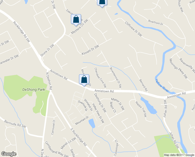 map of restaurants, bars, coffee shops, grocery stores, and more near 2847 Cherokee Cove Southwest in Stone Mountain