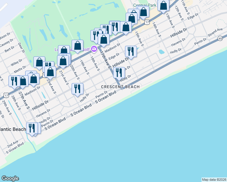 map of restaurants, bars, coffee shops, grocery stores, and more near 1710 South Ocean Boulevard in North Myrtle Beach