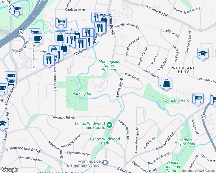 map of restaurants, bars, coffee shops, grocery stores, and more near 1118 Morningside Place Northeast in Atlanta