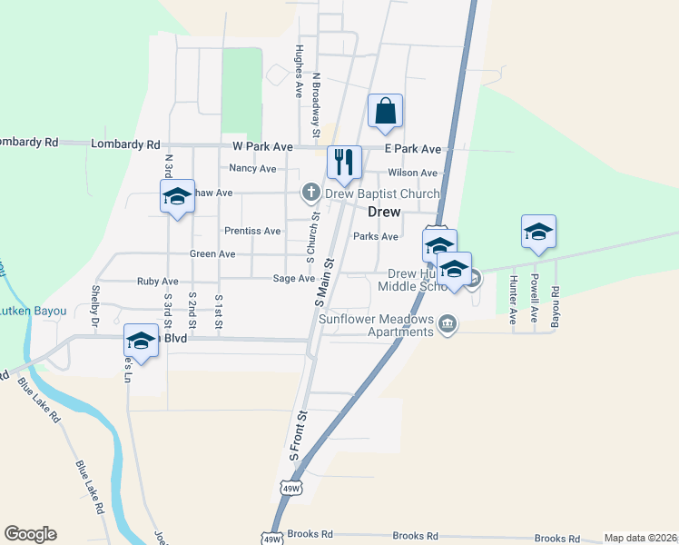 map of restaurants, bars, coffee shops, grocery stores, and more near 101 Bridge Avenue in Drew