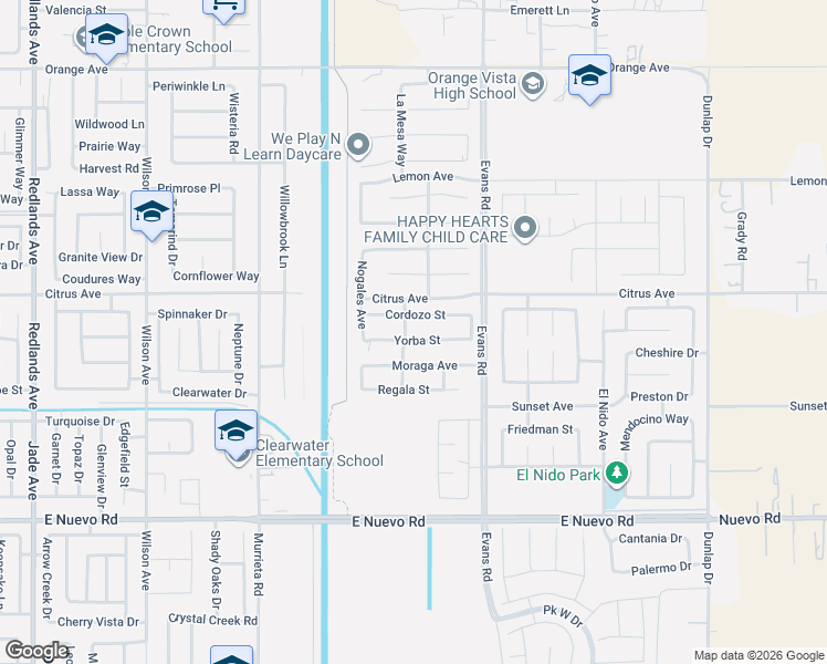 map of restaurants, bars, coffee shops, grocery stores, and more near 1108 Yorba Street in Perris