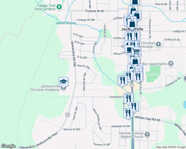 map of restaurants, bars, coffee shops, grocery stores, and more near 2027 Kay Drive Southwest in Jacksonville