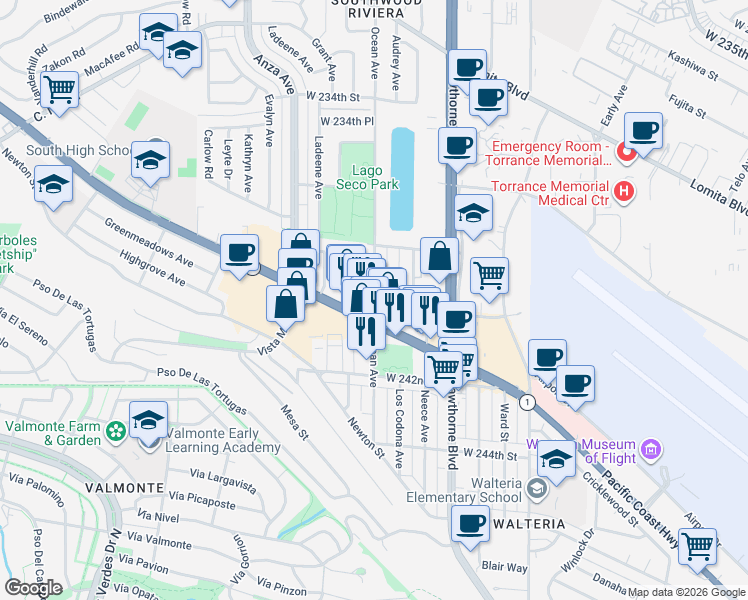 map of restaurants, bars, coffee shops, grocery stores, and more near in Torrance